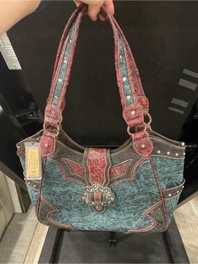 Western-Style Embossed Teal and Red Shoulder Bag with Decorative Concho